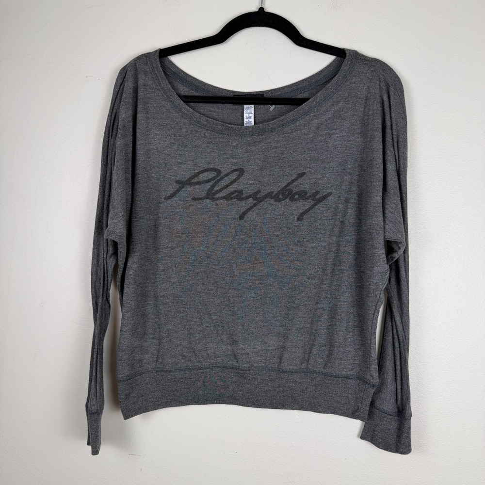 Playboy Sweatshirt Women's Medium Gray Heather Long Sleeve‎ Boat Neck Pullover